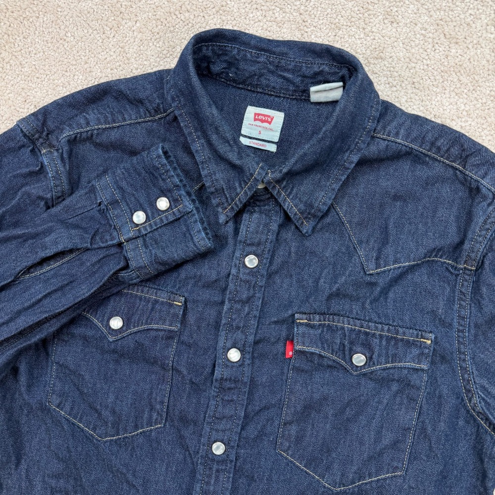 Levis Mens S Western Shirt Dark Wash Denim Pearl Snap Long Sleeve Standard Fit